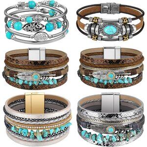 6 Pcs Turquoise Leather Boho Western Bracelet Set for Women Stylish Gift
